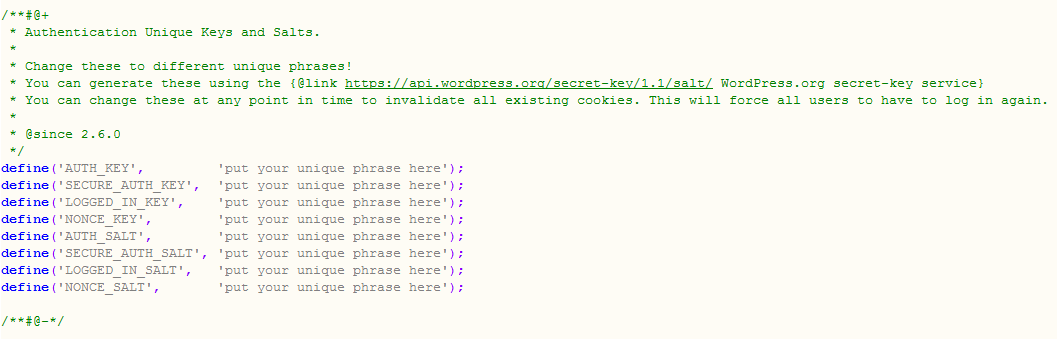 Fijar valores AUTH/SALT